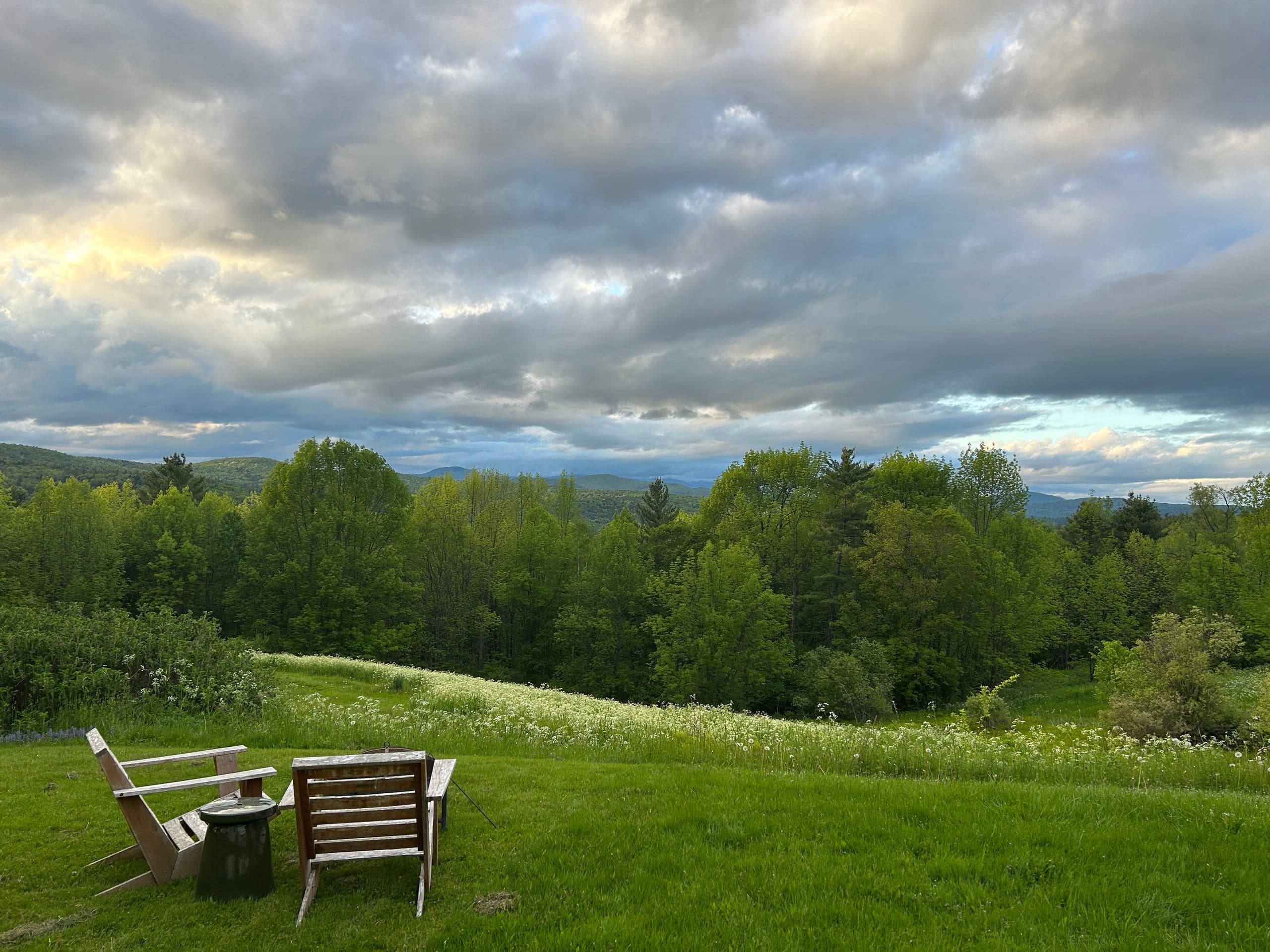 Two Adirondack chairs overlooking the wildflower meadow and mountains on Boyer Estate